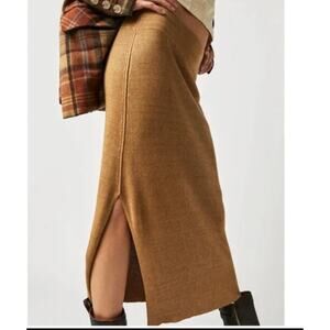 Free People Golden Hour Midi Skirt Ribbed Knit Tan Midi with Side Slit Size M